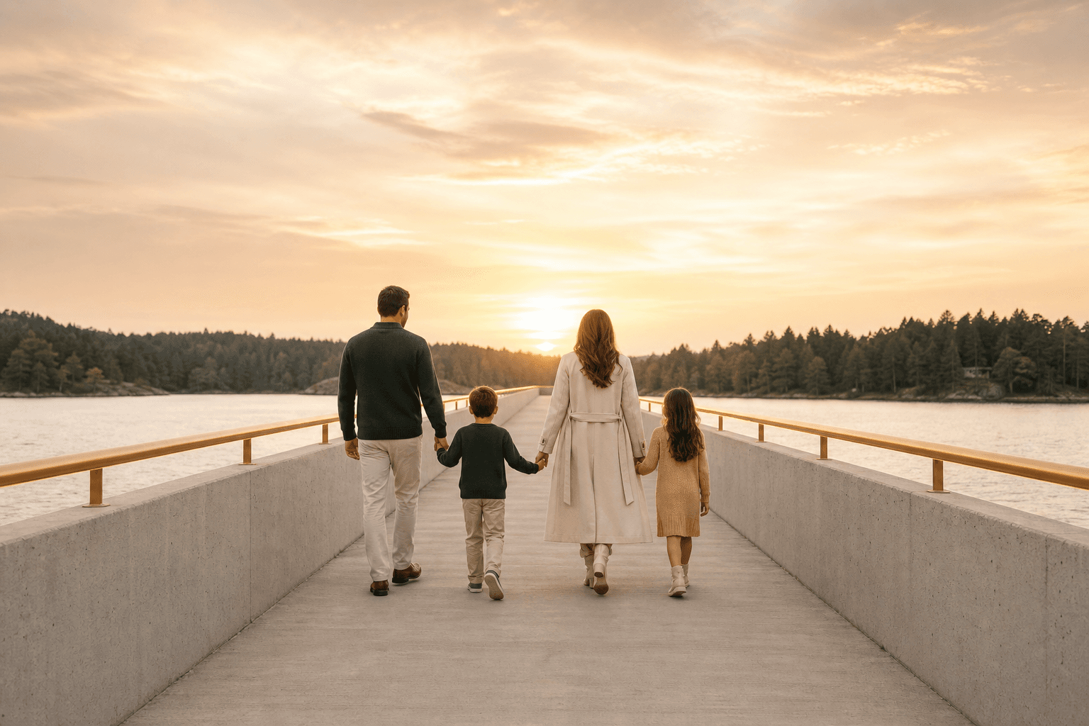 A branded family walking hand-in-hand together across a modern structural bridge at golden hour